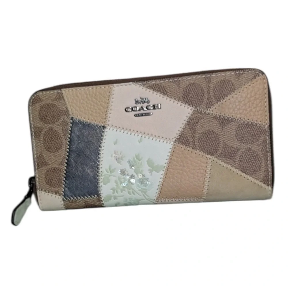 COACH Signature Patchwork Accordion Zip Wallet Neutral Leather Suede $295